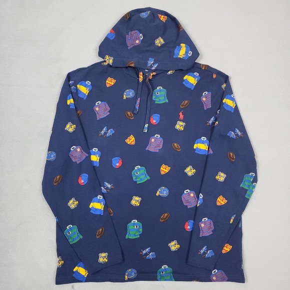 Polo Ralph Lauren Other - Polo Ralph Lauren Mens L Hooded Shirt Navy Rugby All Over Print Long Sleeve